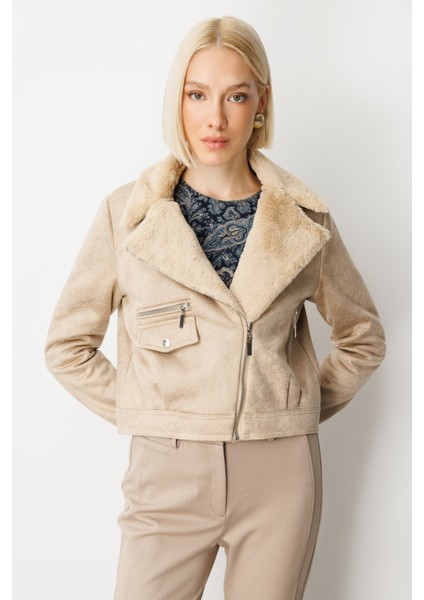 Kadın Peluşlu Güderi Mont 8011 Kum