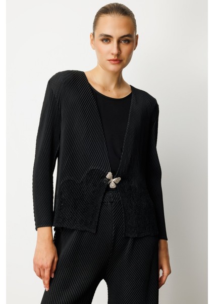 Kadın Kelebek Düğmeli Akordiyon Kumaş Hırka 5901 Siyah