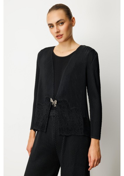 Kadın Kelebek Düğmeli Akordiyon Kumaş Hırka 5901 Siyah fiyatları