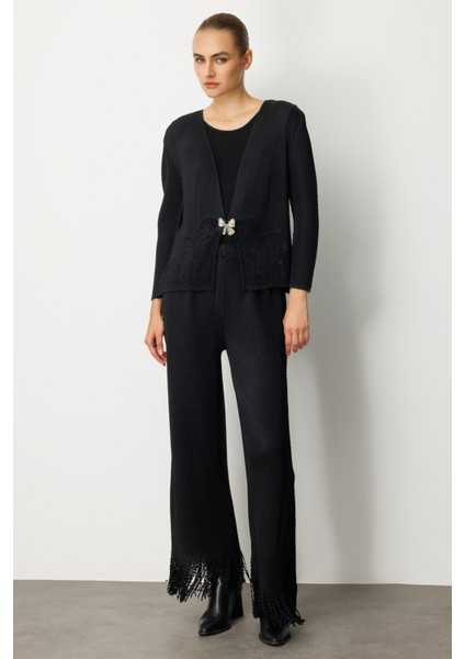 Kadın Kelebek Düğmeli Akordiyon Kumaş Hırka 5901 Siyah modelleri