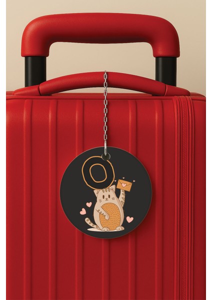 Desenli Baskılı Pleksi Zincir Aparatlı Bavul Etiketi Valiz Etiketi Kedili O Harfi