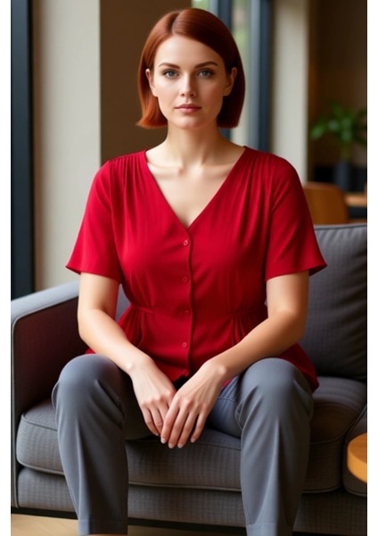 Moda Büyük Beden V Yaka Dokuma Regular Düz Desen Casual Günlük Regular Kısa Kol Bluz fırsatları