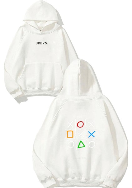 Game Over Xo Tasarım Baskılı Oversize Beyaz Kapüşonlu Sweatshirt