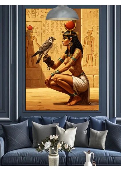 Mısır Kraliçesi Tarzında Süslü Oturan Kadın Dekoratif Kanvas - Mdf Ahşap Tablo
