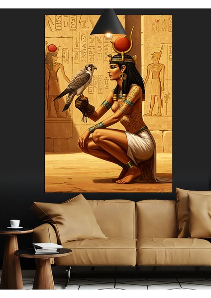 Mısır Kraliçesi Tarzında Süslü Oturan Kadın Dekoratif Kanvas - Mdf Ahşap Tablo fırsatları
