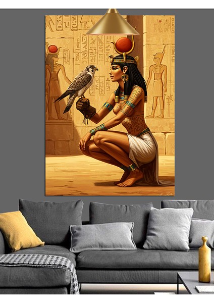 Mısır Kraliçesi Tarzında Süslü Oturan Kadın Dekoratif Kanvas - Mdf Ahşap Tablo indirimleri