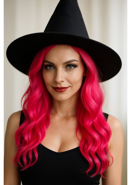 Pembe Cadı Peruğu ve Siyah Keçe Şapka Seti Kostüm Partileri ve Cadılar Bayramı Için Mükemmel