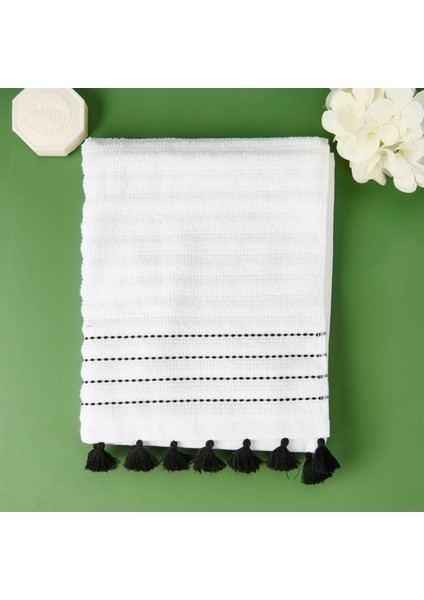 Soft Püsküllü Yüz Havlusu - Beyaz / Siyah - 50X90 cm