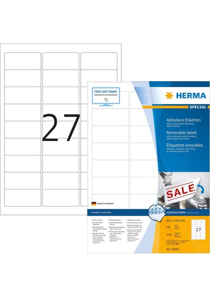 10300 Üniversal Etiket Dın A4 63,5 x 29,6 Mm, 100 Yaprak, Kağıt, Mat Kendinden Yapışkanlı, 2.700 Yapışkan Etiket, Beyaz
