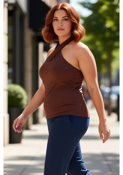 Kadın Vücuda Oturan Halter Yaka Pamuklu Örme Üst Kaliteli Şık Rahat Modern Zarif Günlük fırsatları