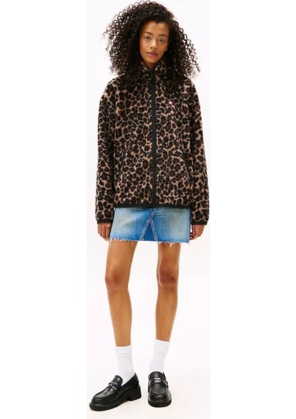 Kadın Regular Fit Leopar Desenli Dik Yaka Polar Ceket - Kahverengi fiyatları