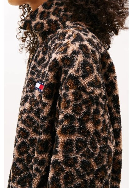 Kadın Regular Fit Leopar Desenli Dik Yaka Polar Ceket - Kahverengi fırsatları