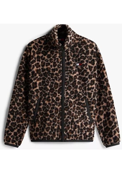 Kadın Regular Fit Leopar Desenli Dik Yaka Polar Ceket - Kahverengi indirimleri