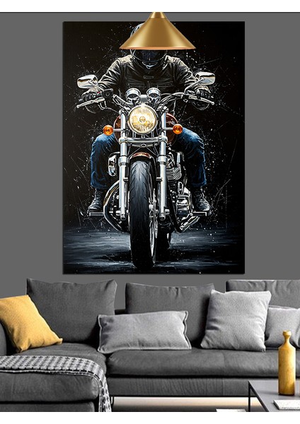 Detaylı Parlak Krom Siyah Motosiklet Dekoratif Kanvas - Mdf Ahşap Tablo