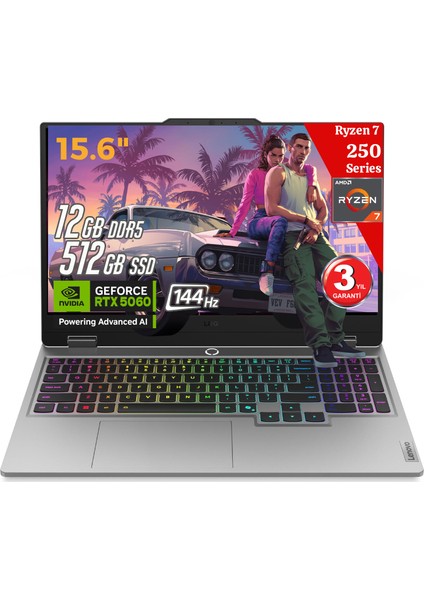 Loq 15AHP10 Aı Amd Ryzen7 250 12GB Ddr5 512GB SSD RTX5060 8gddr7 15.6 Fhd 144Hz Freedos 83JG006FTR Taşınabilir Bilgisayar (Yapay Zeka Destekli)