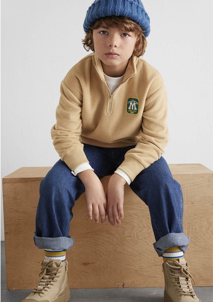 Yarı Fermuarlı Mavi Logo Bej Sweatshirt 6S10153-83859