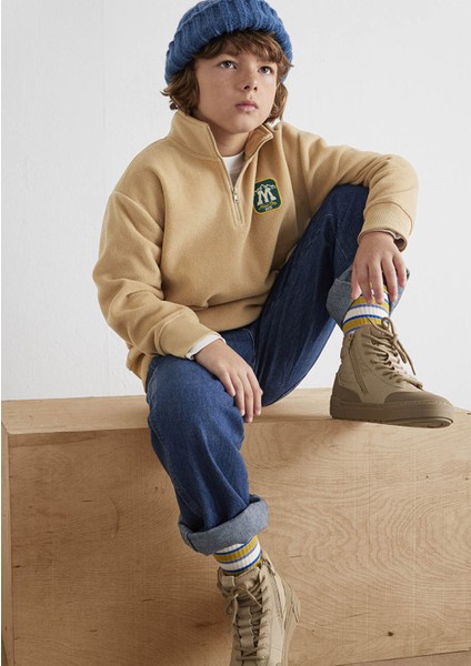 Yarı Fermuarlı Mavi Logo Bej Sweatshirt 6S10153-83859 fiyatları