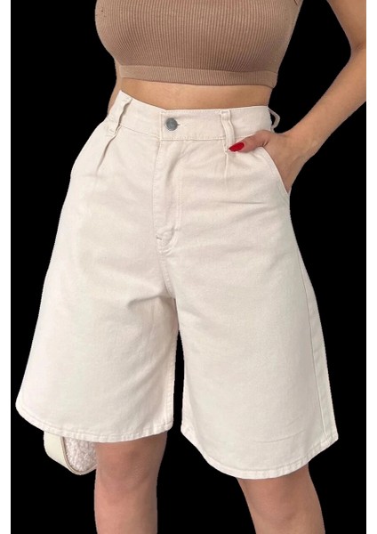 Rahat Kesim Denim Şort Cepli-Krem
