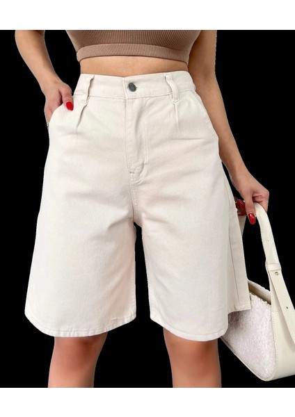 Rahat Kesim Denim Şort Cepli-Krem fiyatları