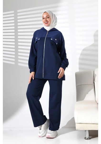 Kadın Mevsimlik Alt ve Üst Rahat Lacivert Spor Tesettür Takım