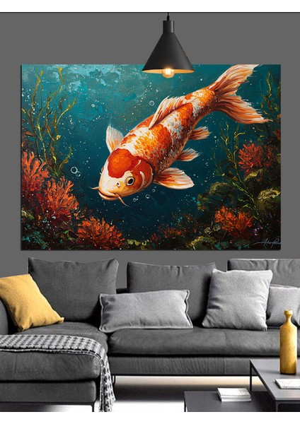 Büyük Turuncu Koi Balığı Yüzüyor Dekoratif Kanvas - Mdf Ahşap Tablo