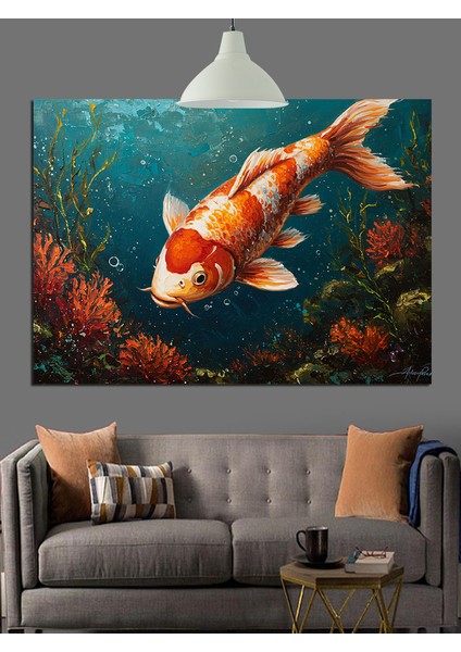 Büyük Turuncu Koi Balığı Yüzüyor Dekoratif Kanvas - Mdf Ahşap Tablo fiyatları