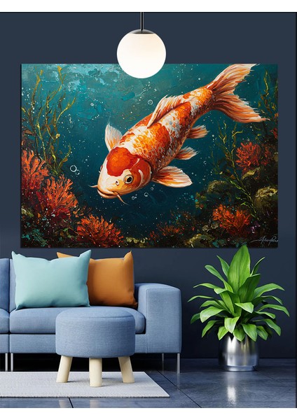Büyük Turuncu Koi Balığı Yüzüyor Dekoratif Kanvas - Mdf Ahşap Tablo fırsatları
