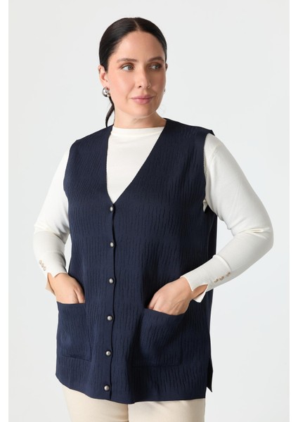 Büyük Beden Düğme Detaylı Triko Yelek-Lacı modelleri