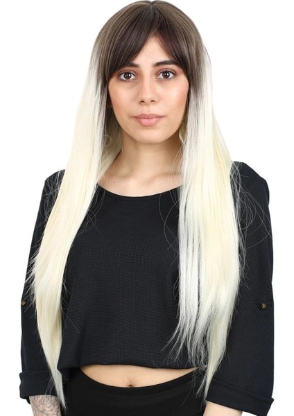 Fiber Sentetik Uzun Düz Kahküllü Peruk - Küllü Açık Kahve / Platin Ombreli fiyatları