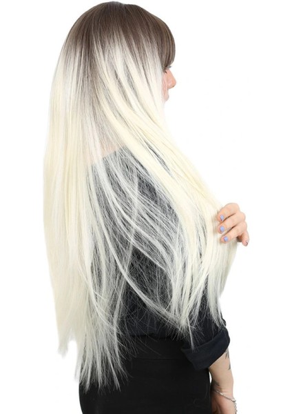 Fiber Sentetik Uzun Düz Kahküllü Peruk - Küllü Açık Kahve / Platin Ombreli modelleri