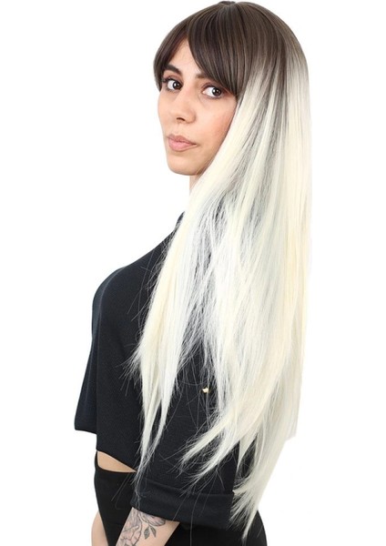 Fiber Sentetik Uzun Düz Kahküllü Peruk - Küllü Açık Kahve / Platin Ombreli fırsatları