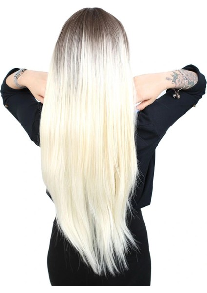 Fiber Sentetik Uzun Düz Kahküllü Peruk - Küllü Açık Kahve / Platin Ombreli indirimleri