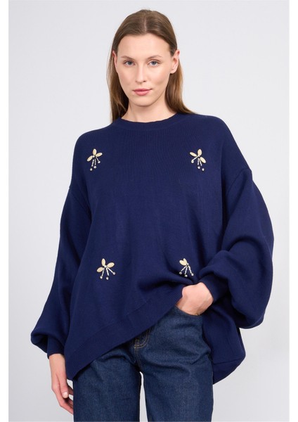 K26 9052 Lacıvert Kadın Denız Kabuklu Salas Kazak