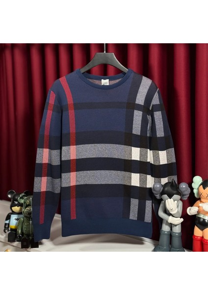 Ekose Desenli Lacivert Kazak Premium Kalite ve Modern Kesim