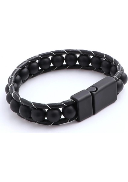 Mat Oniks Taşı Örmeli Deri Bileklik 33512B2D8M7