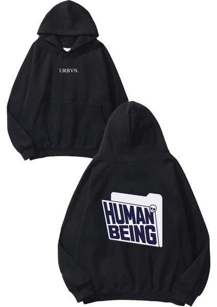 Human Being Tasarım Baskılı Oversize Siyah Kapüşonlu Sweatshirt