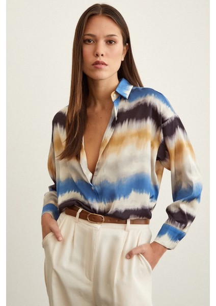 Kadın Uzun Kol Sulu Boya Desenli Renkli Pamuk Saten Premium Kalite Spor Şık Gömlek