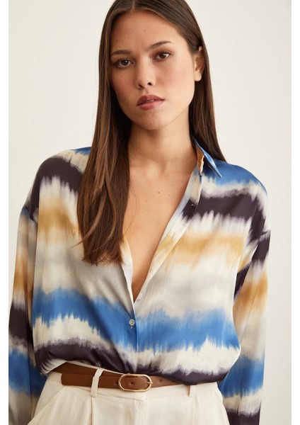 Kadın Uzun Kol Sulu Boya Desenli Renkli Pamuk Saten Premium Kalite Spor Şık Gömlek fiyatları