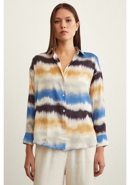 Kadın Uzun Kol Sulu Boya Desenli Renkli Pamuk Saten Premium Kalite Spor Şık Gömlek modelleri