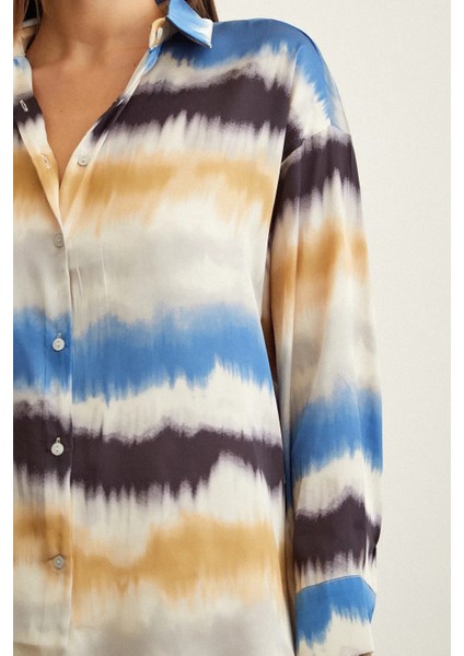 Kadın Uzun Kol Sulu Boya Desenli Renkli Pamuk Saten Premium Kalite Spor Şık Gömlek fırsatları