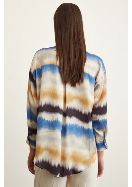 Kadın Uzun Kol Sulu Boya Desenli Renkli Pamuk Saten Premium Kalite Spor Şık Gömlek indirimleri