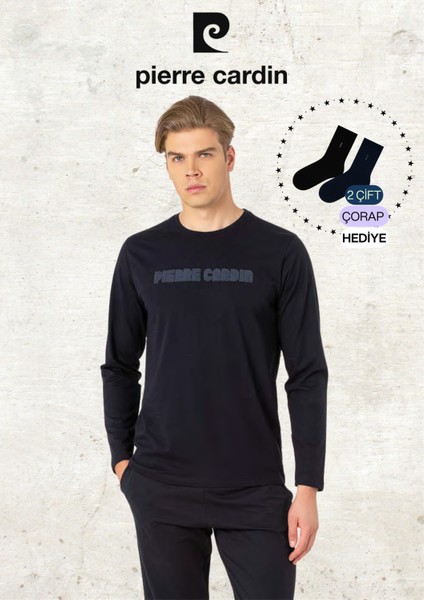 Erkek Giyim %100 Pamuk Uzun Kollu Lacivert Pijama Takımı (2 Adet Hediye Çorap) L1.PC.6093.001