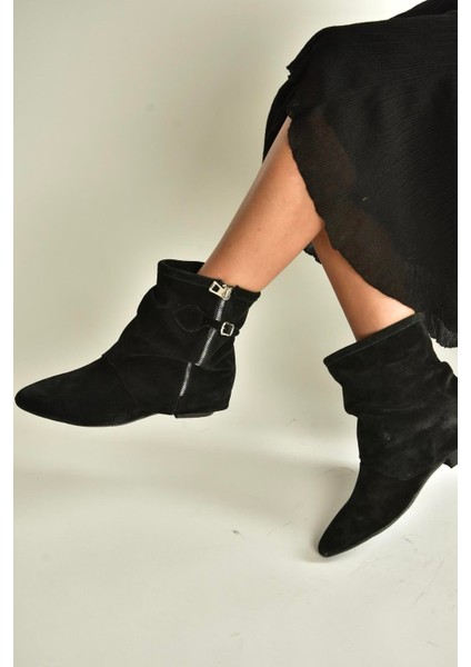 V380518102 Siyah Süet Düz Taban Fermuar Detaylı Kadın Bot fırsatları