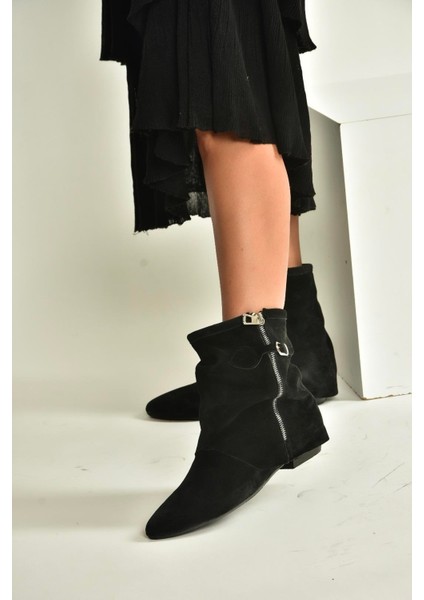 V380518102 Siyah Süet Düz Taban Fermuar Detaylı Kadın Bot indirimleri