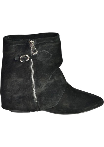 V380518102 Siyah Süet Düz Taban Fermuar Detaylı Kadın Bot