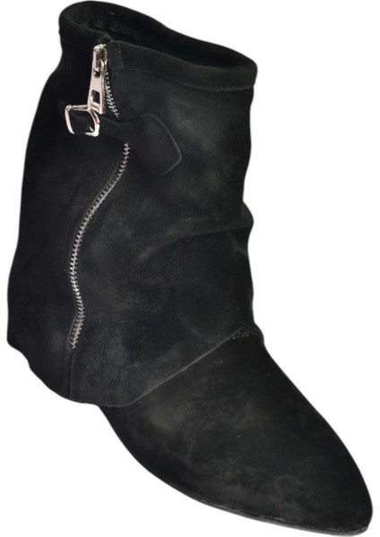 V380518102 Siyah Süet Düz Taban Fermuar Detaylı Kadın Bot