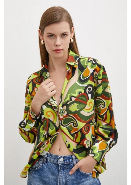 Kadın Uzun Kol Çiçek Desenli Renkli Pamuk Saten Premium Kalite Spor Şık Gömlek