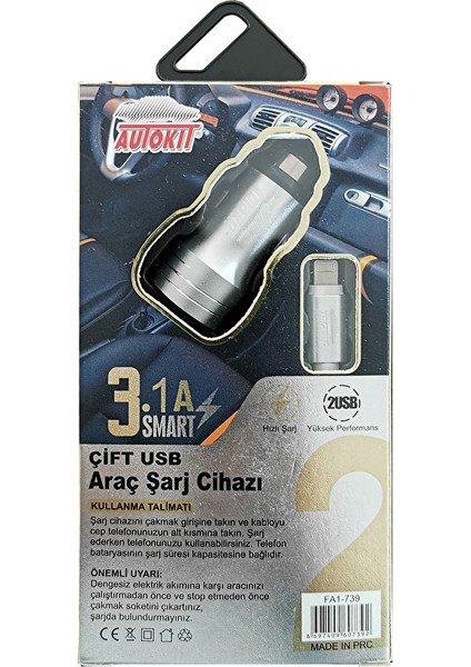2 Adet Metal Araç Şarjı 3.1 Amper 2 USB Girişi Iphone