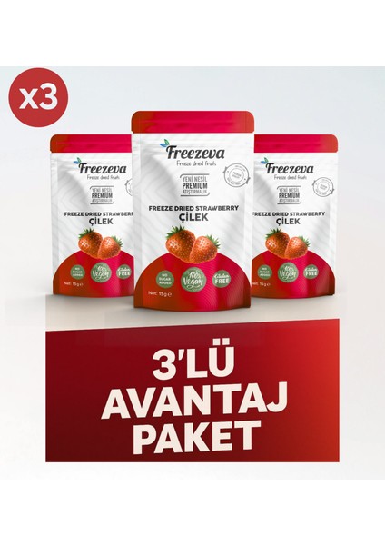3'lü Paket Dondurularak Kurutulmuş Dilim Çilek (Freeze Dried Çilek) Freeze Dry Çilek Kurusu 3X15 gr