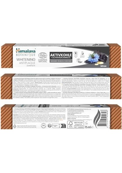 Himalaya Botanique Beyazlatıcı Plak Karşıtı Diş Macunu 75 ml | Ecocert Cosmos Sertifikalı | Organik Aktif, Kömür, Çörek Otu Yağı | Florür ve Gluten Içermez